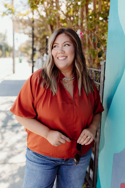 Rust Notch Neck Balloon Sleeve Blouse