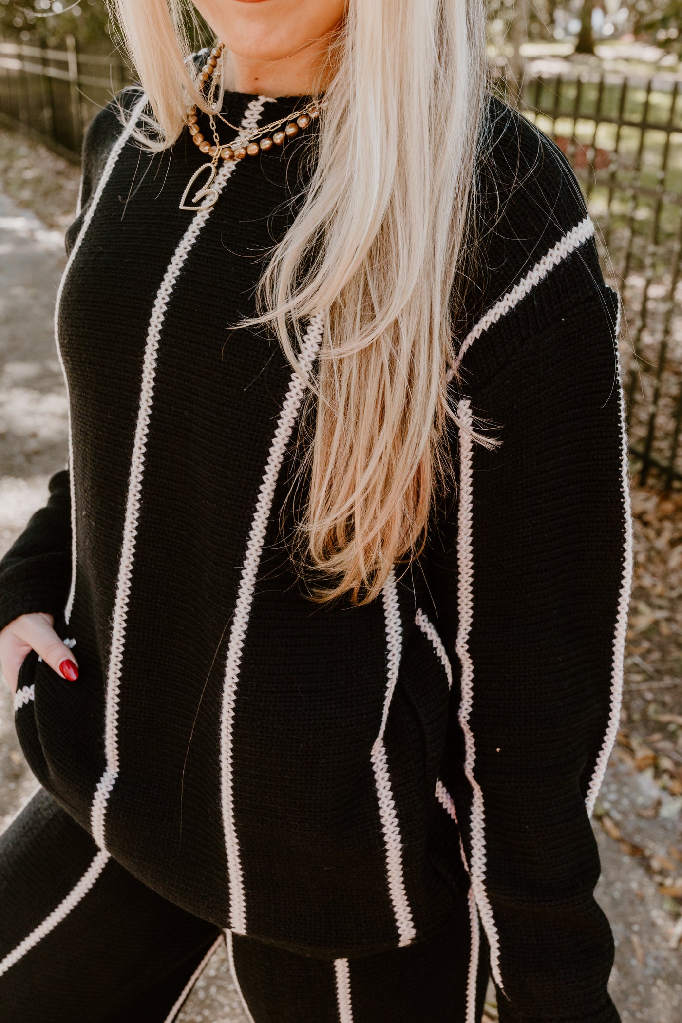 Black and Cream Striped Sweater and Pant Set