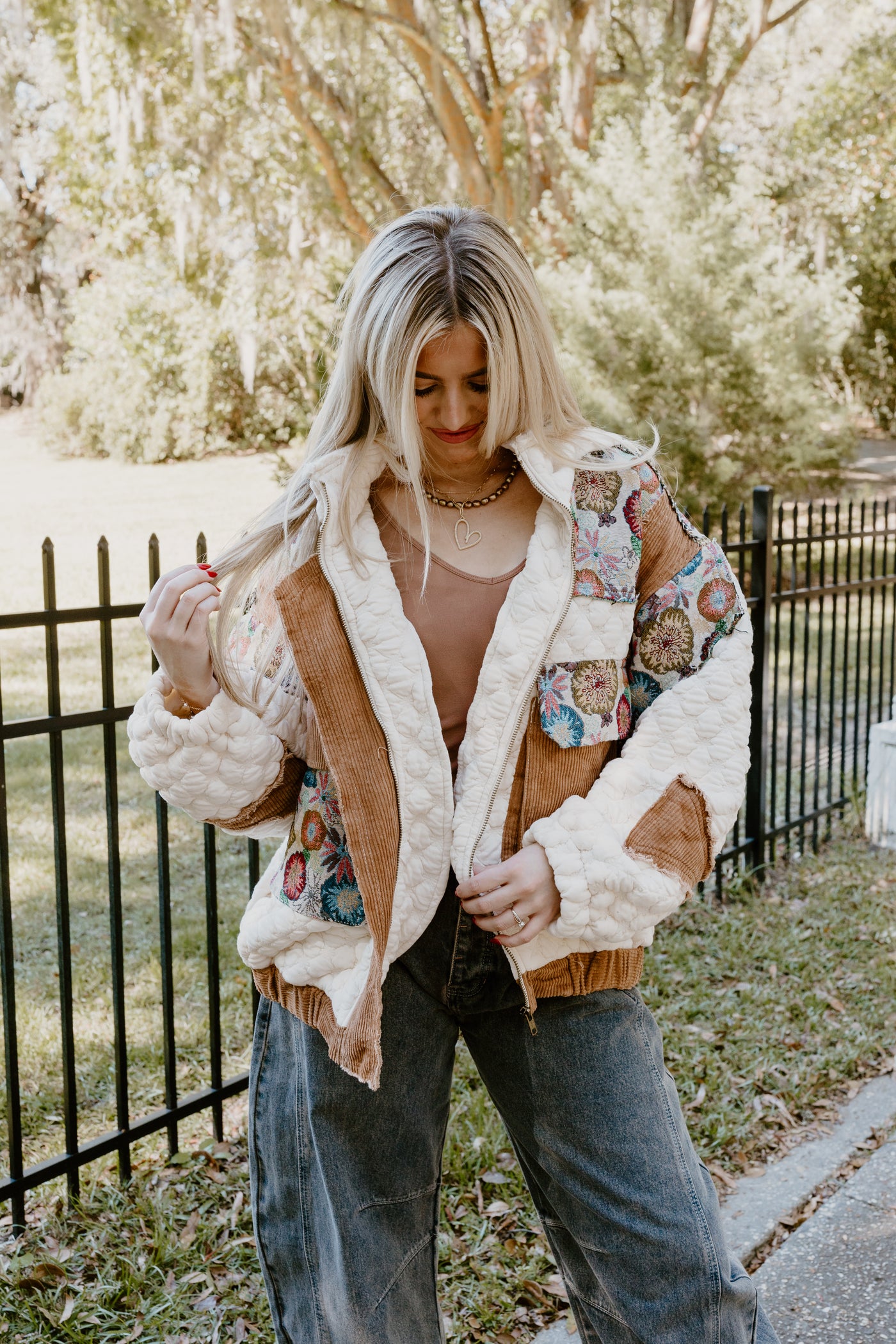 Ivory Multi Oversized Floral Contrast Quilted Jacket