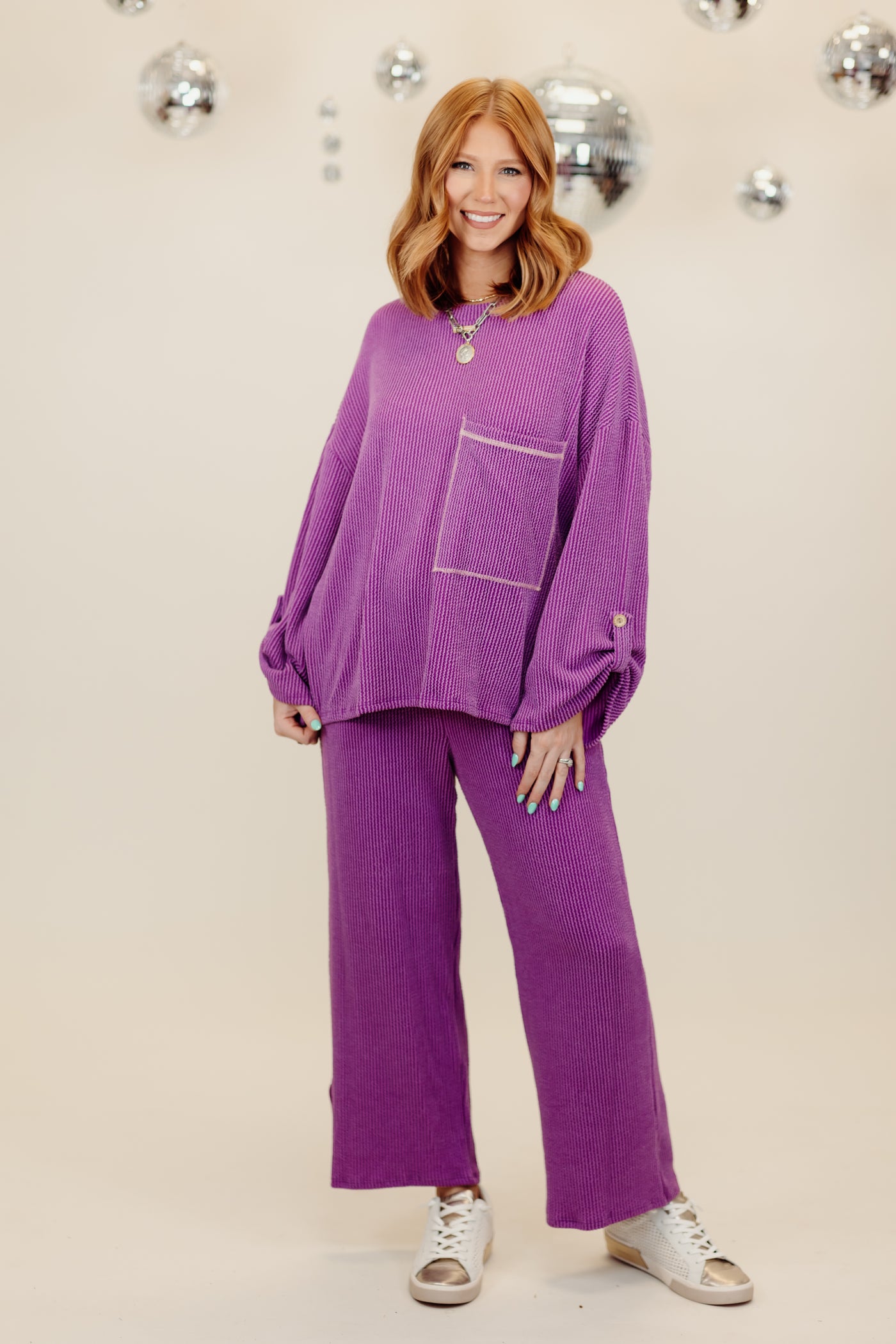 Magenta Oversized Long Sleeve Top and Wide Leg Pant Set