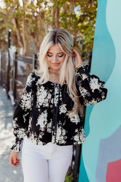 Black Floral Sweetheart Button Down Top