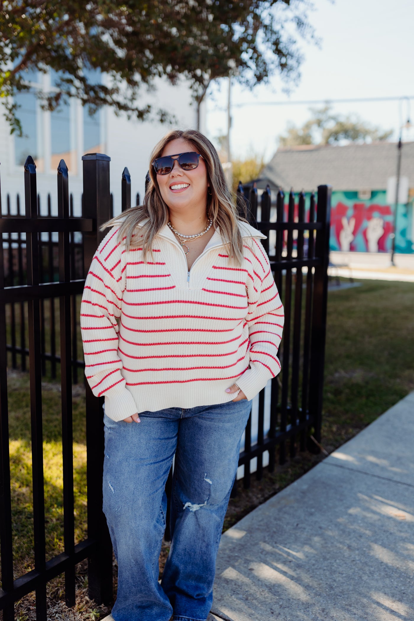 Z Supply Villa Half Zip Stripe Sweater- Red Pepper