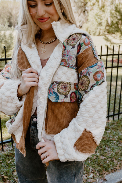 Ivory Multi Oversized Floral Contrast Quilted Jacket