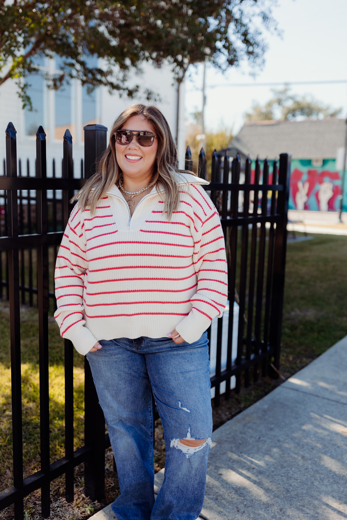 Z Supply Villa Half Zip Stripe Sweater- Red Pepper