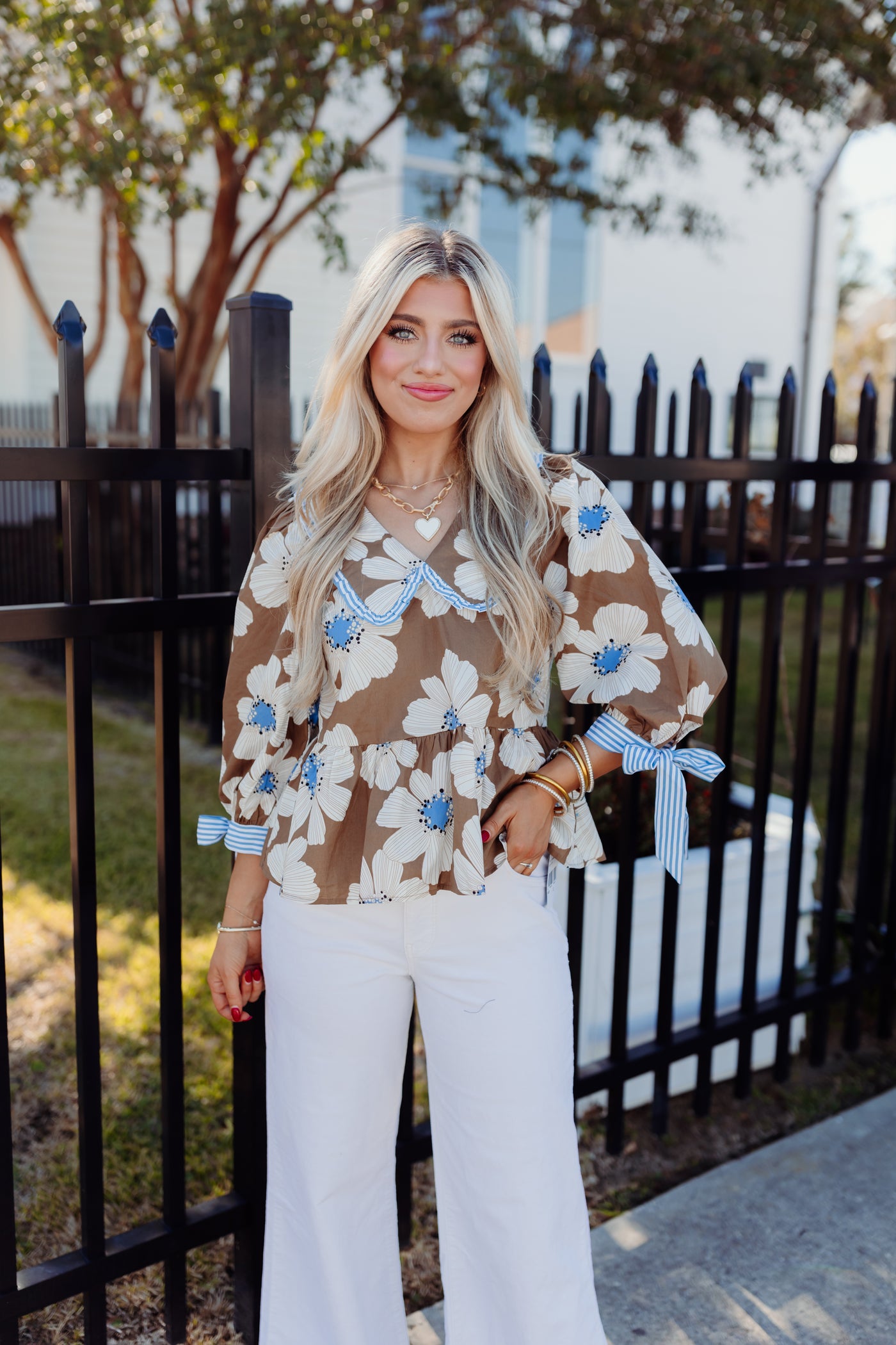 Brown Floral 3/4 Sleeve Peplum Top