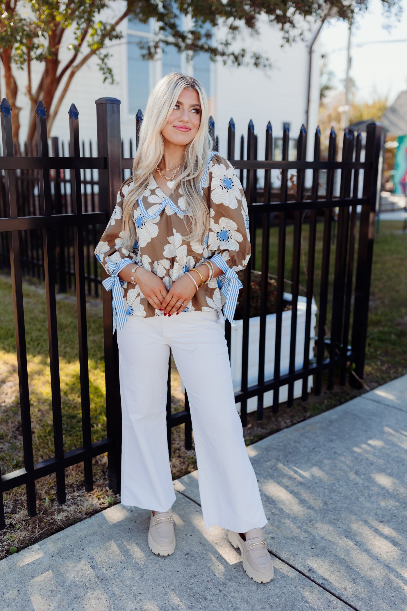 Brown Floral 3/4 Sleeve Peplum Top