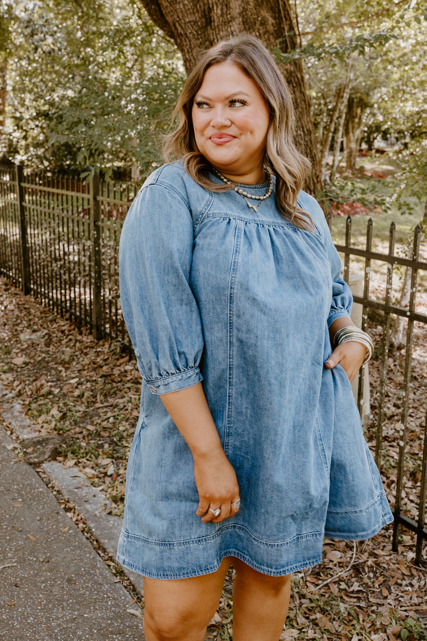 Denim Pleated Detail Babydoll Dress