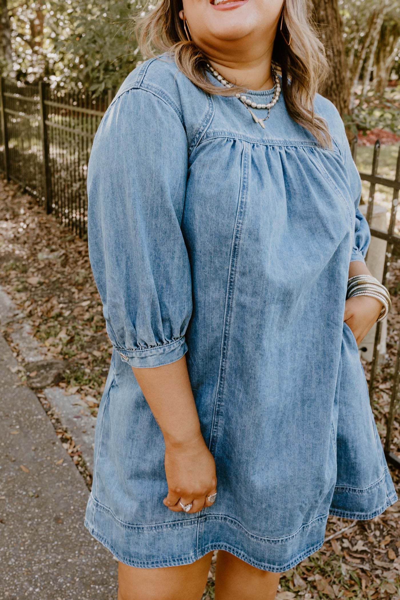 Denim Pleated Detail Babydoll Dress