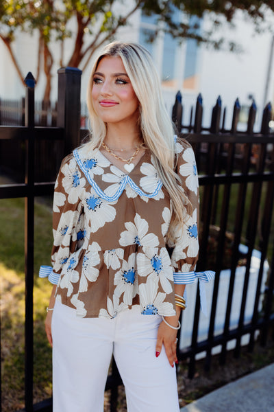 Brown Floral 3/4 Sleeve Peplum Top