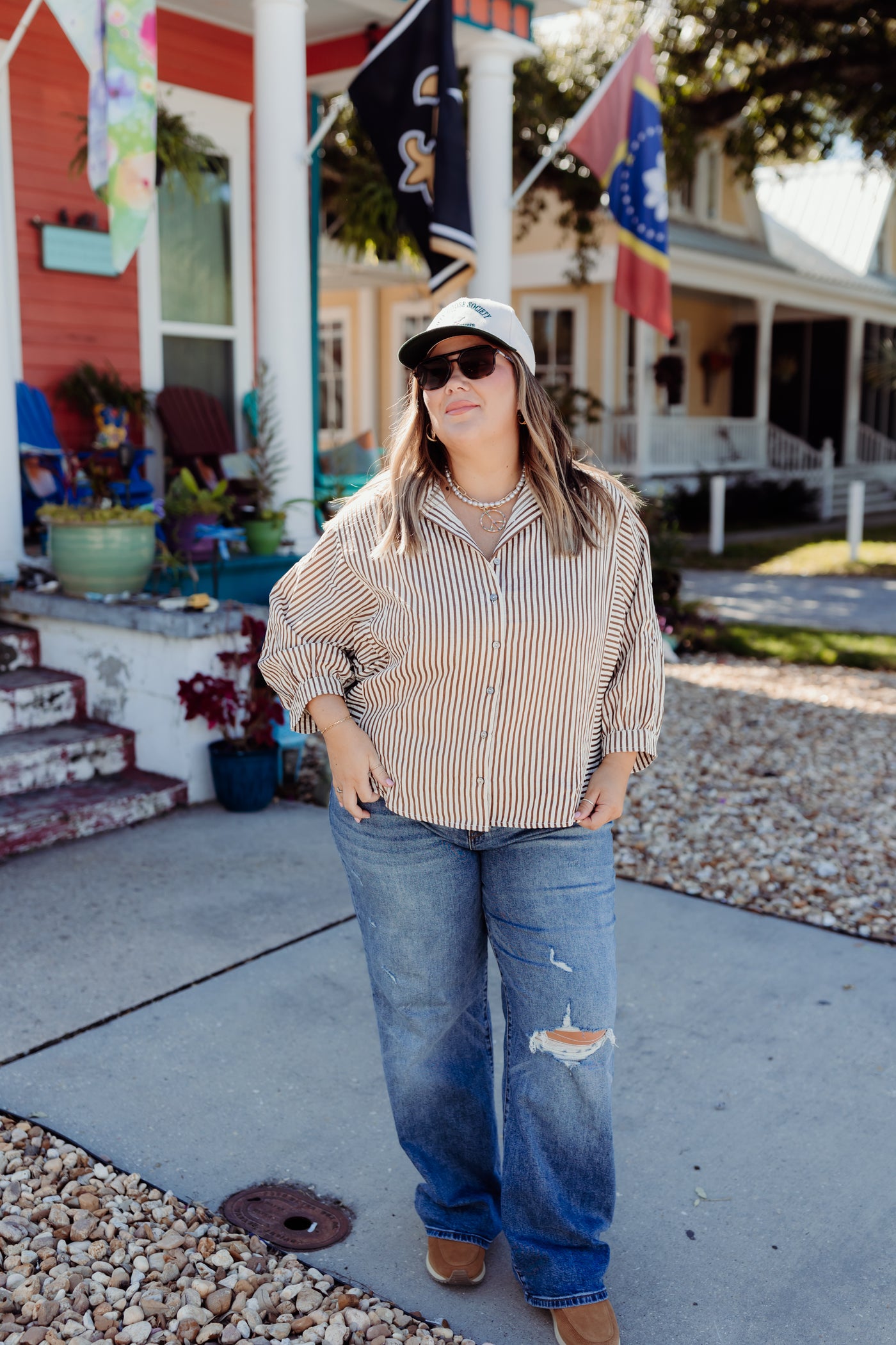 Mocha Textured Striped Button Down Top