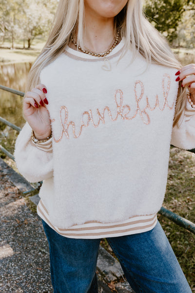 Ivory Thankful Embroidered Oversized Fuzzy Sweatshirt