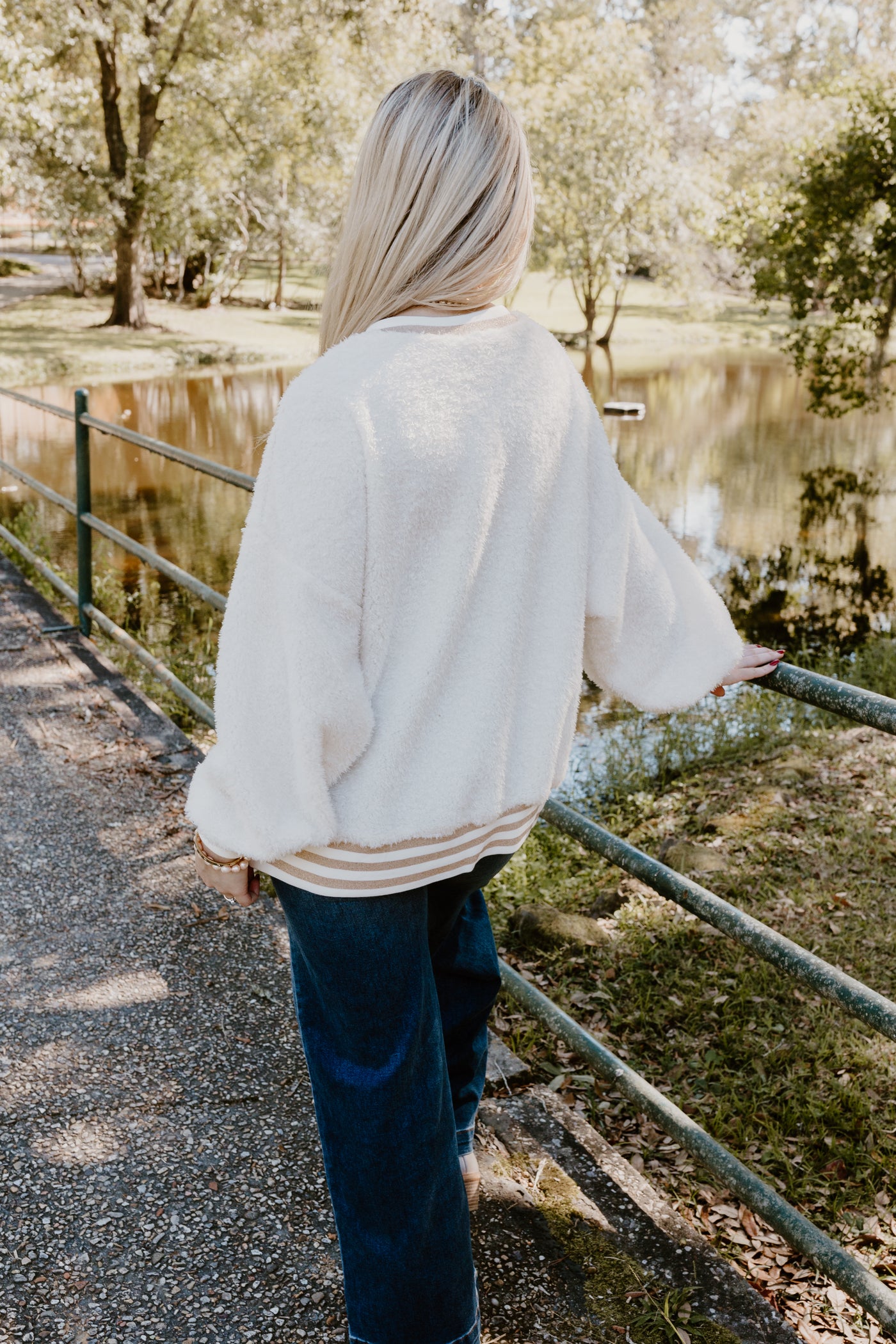 Ivory Thankful Embroidered Oversized Fuzzy Sweatshirt