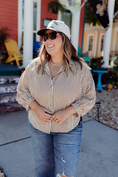 Mocha Textured Striped Button Down Top