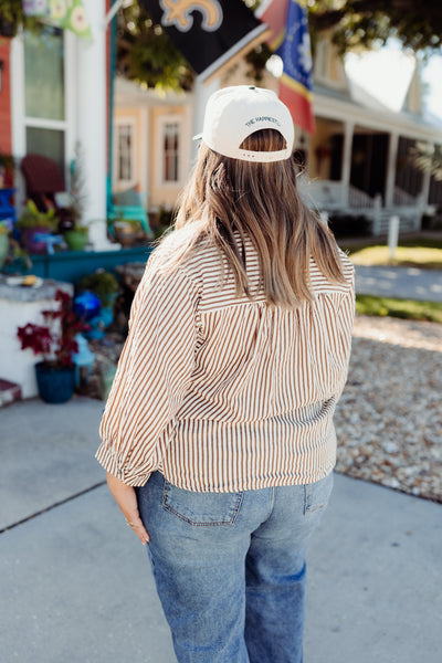 Mocha Textured Striped Button Down Top