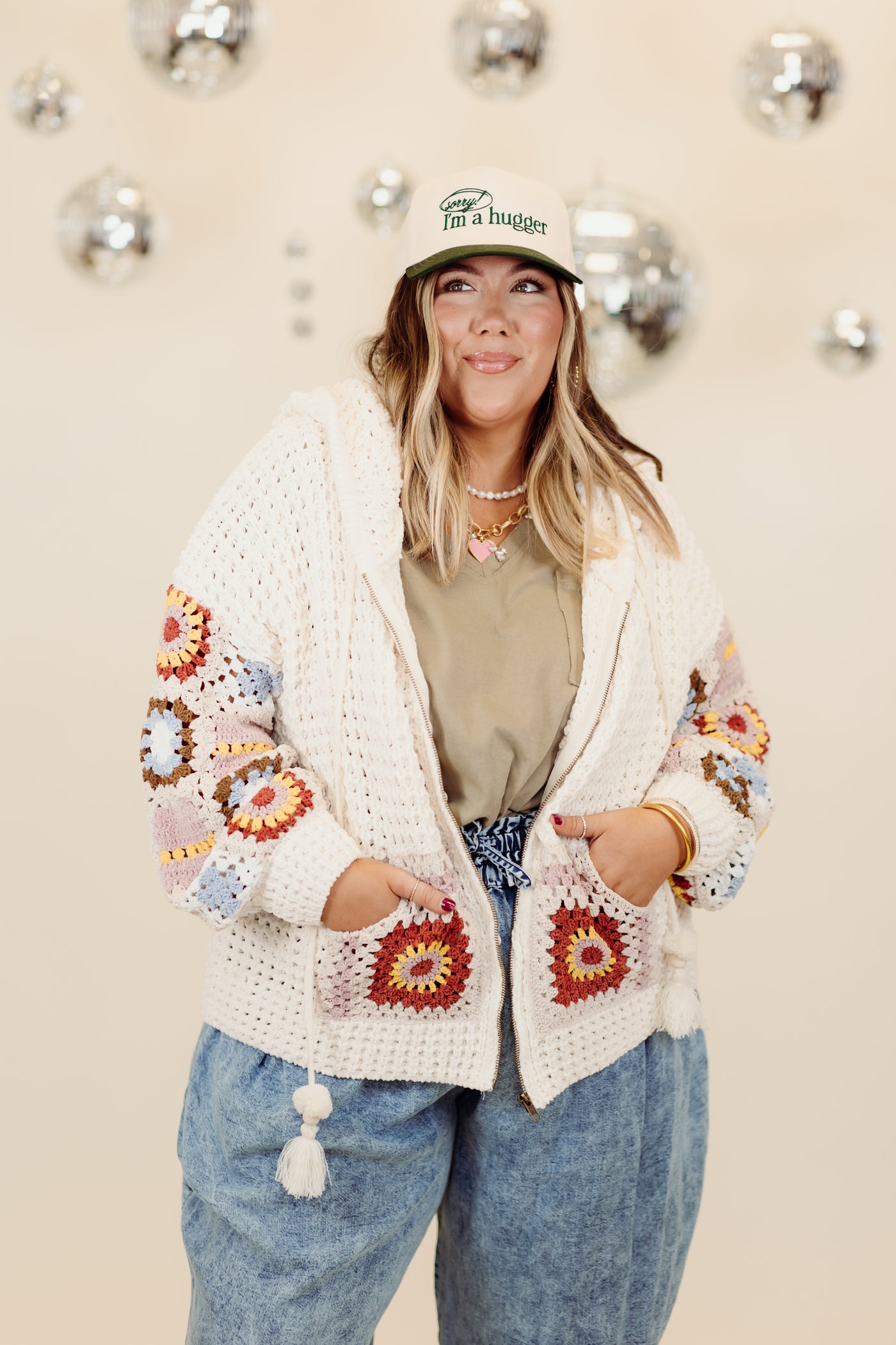 Powder Beige Multi Raglan Square Pattern Crochet Jacket