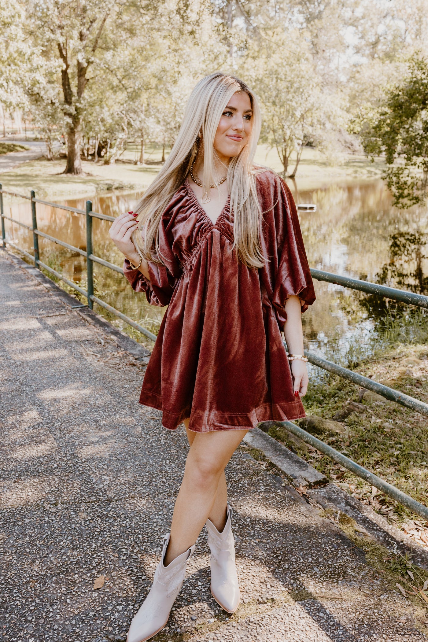 Marsala Velvet Puff Sleeve Deep V-Neck Dress