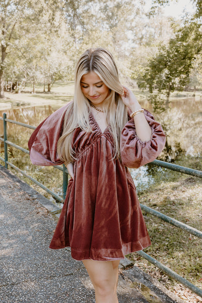 Marsala Velvet Puff Sleeve Deep V-Neck Dress