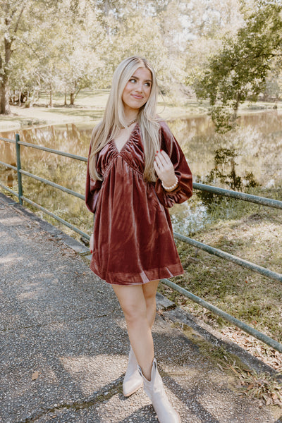 Marsala Velvet Puff Sleeve Deep V-Neck Dress