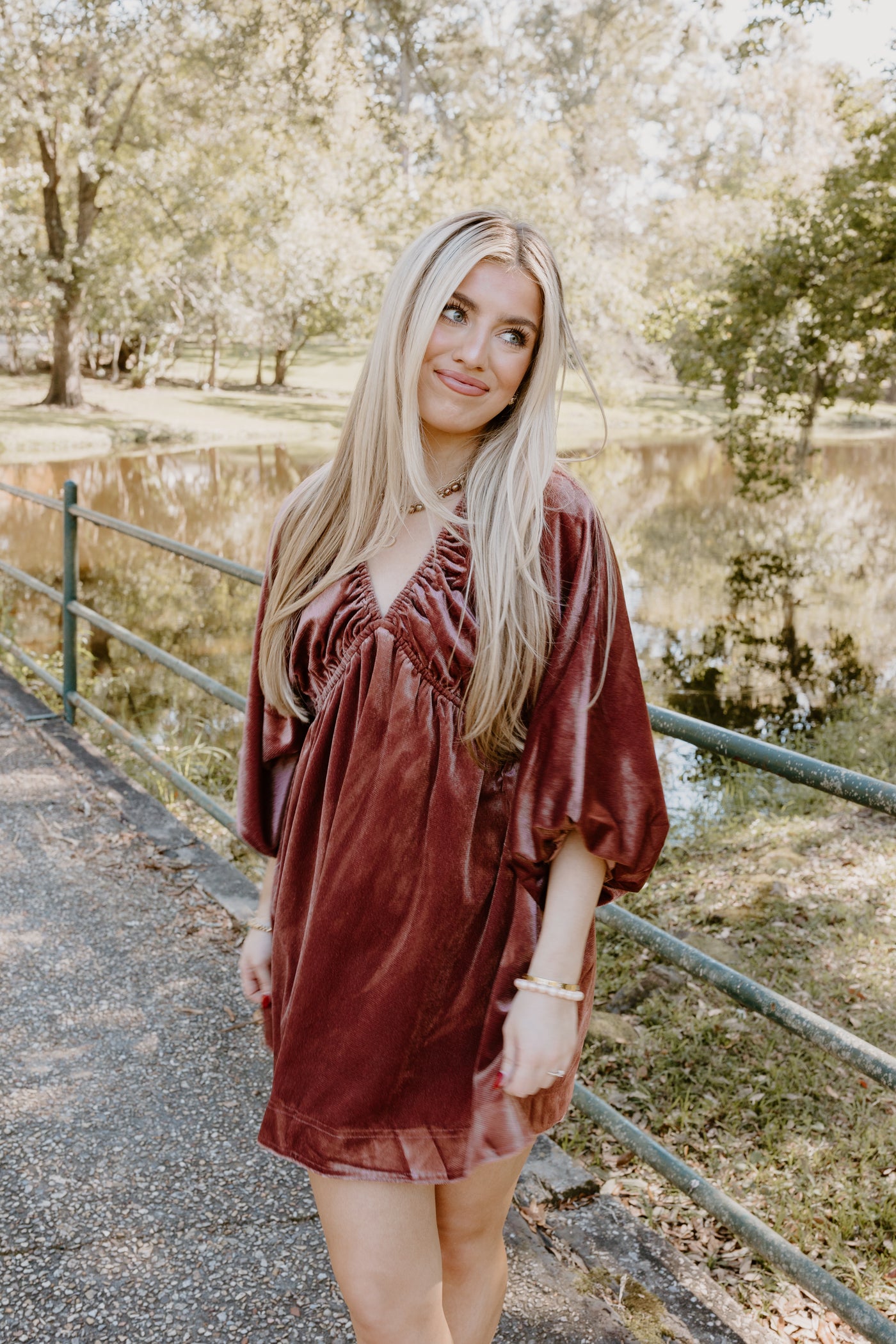 Marsala Velvet Puff Sleeve Deep V-Neck Dress