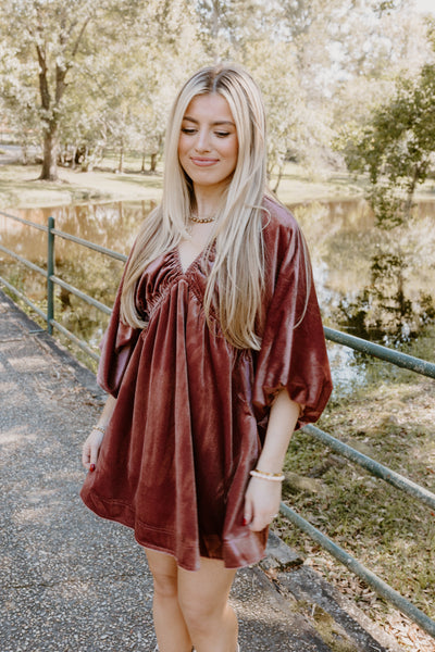 Marsala Velvet Puff Sleeve Deep V-Neck Dress