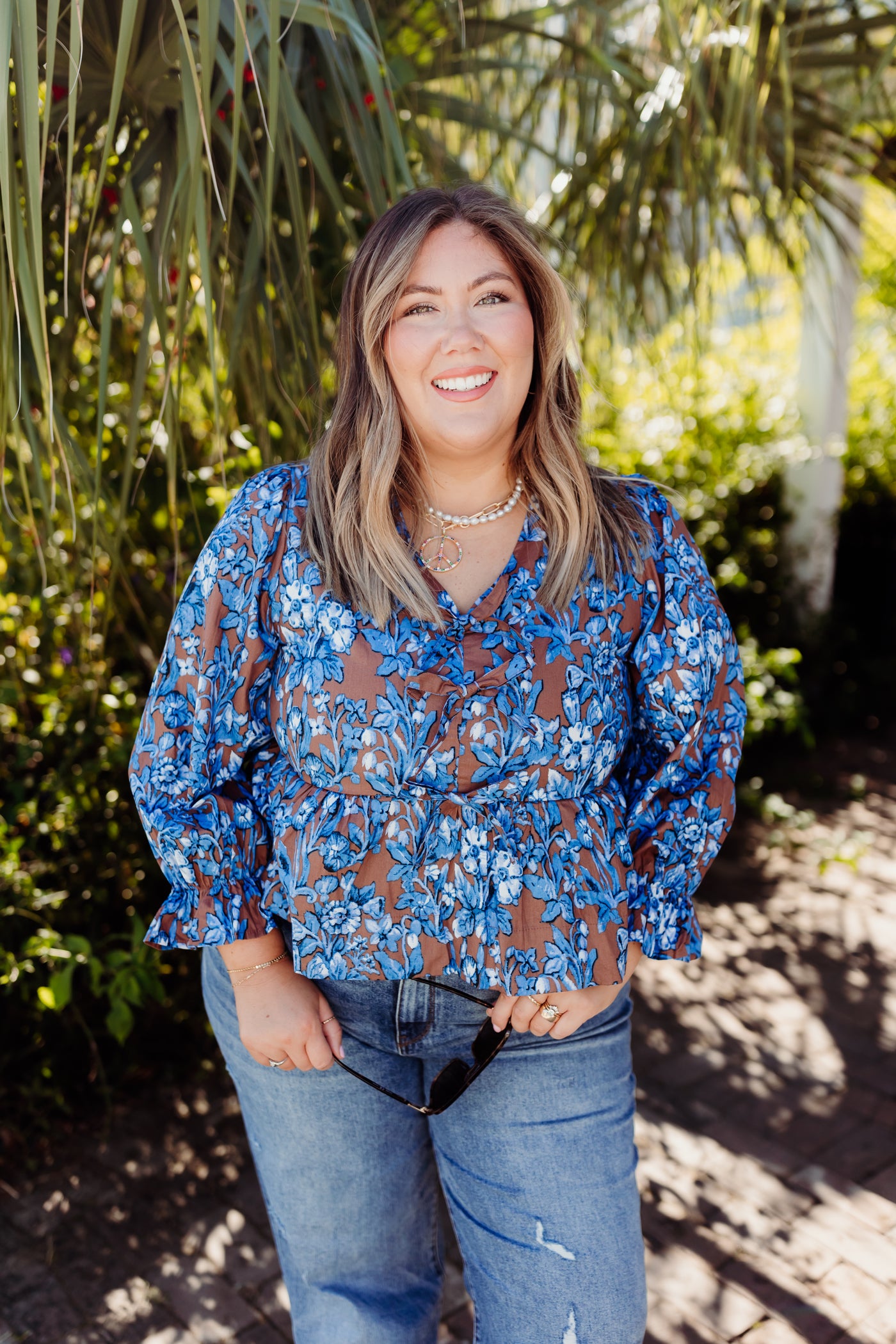 Brown Floral Elastic 3/4 Sleeve Top