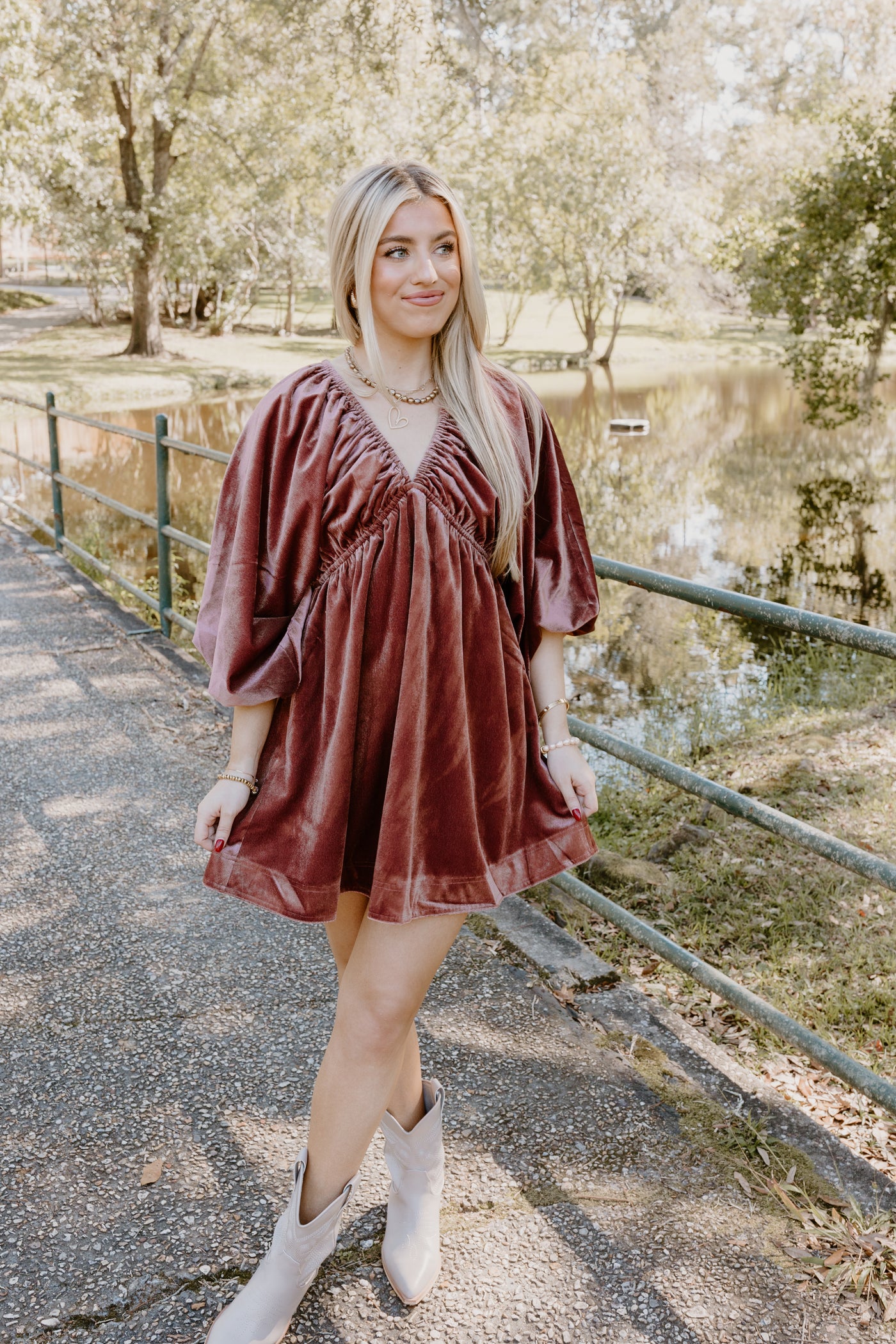 Marsala Velvet Puff Sleeve Deep V-Neck Dress