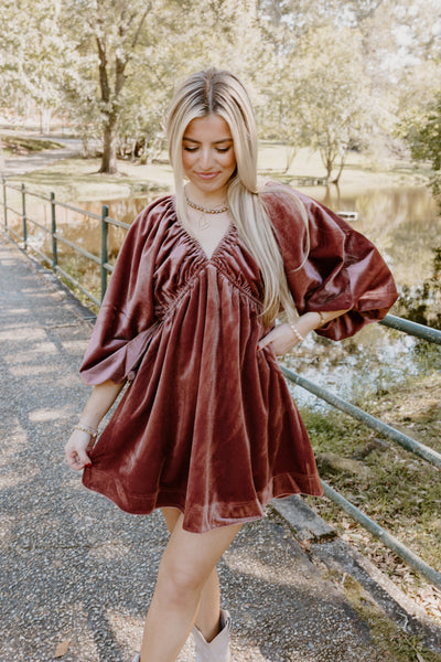 Marsala Velvet Puff Sleeve Deep V-Neck Dress