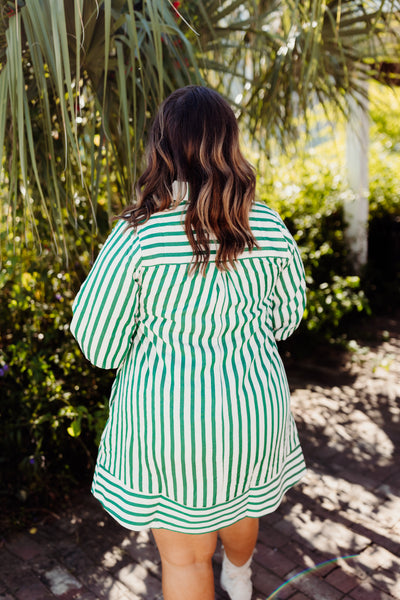 Hunter Green Striped Seersucker Half Button Dress