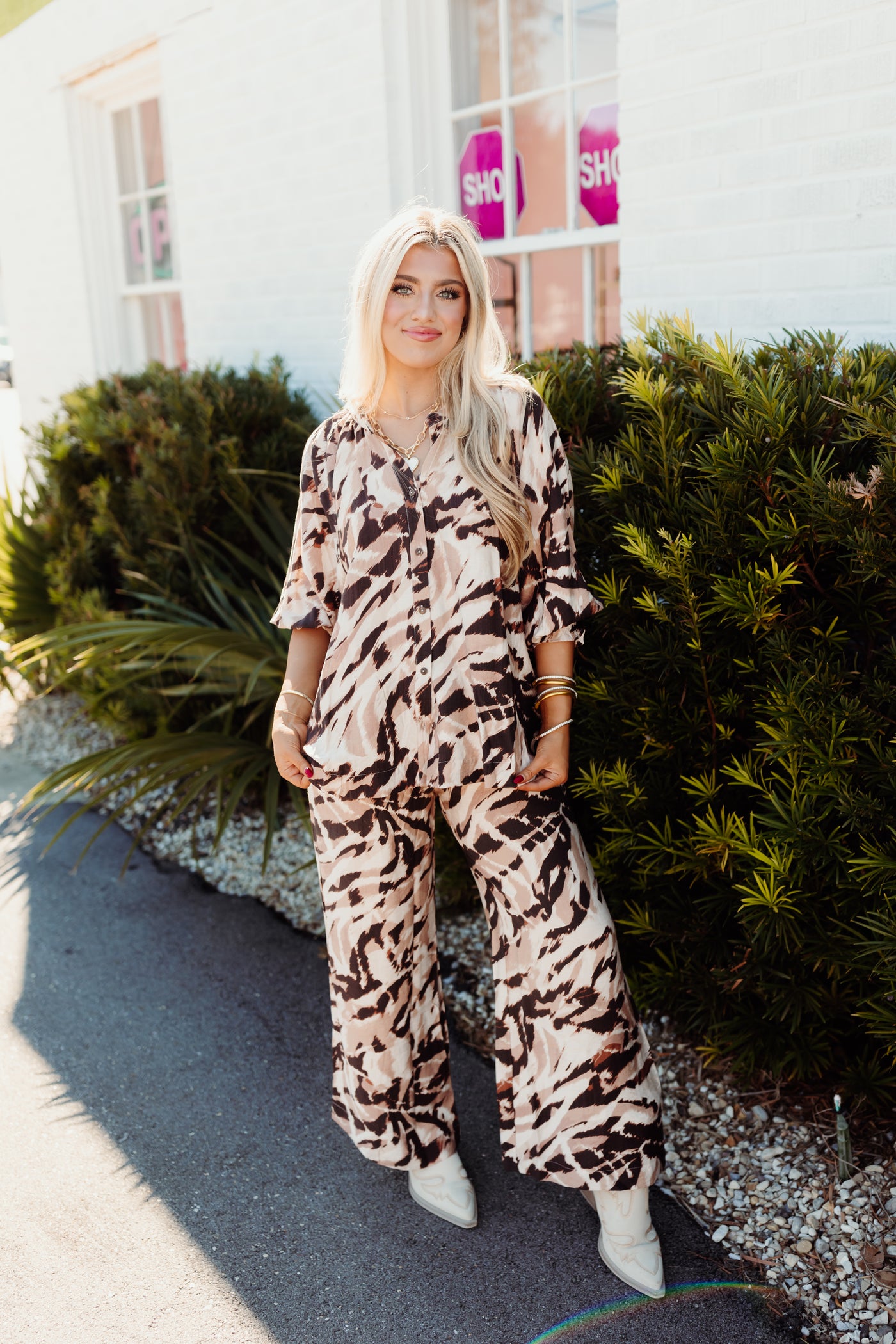 Brown Animal Print Button Down Top and Elastic Waist Pant Set