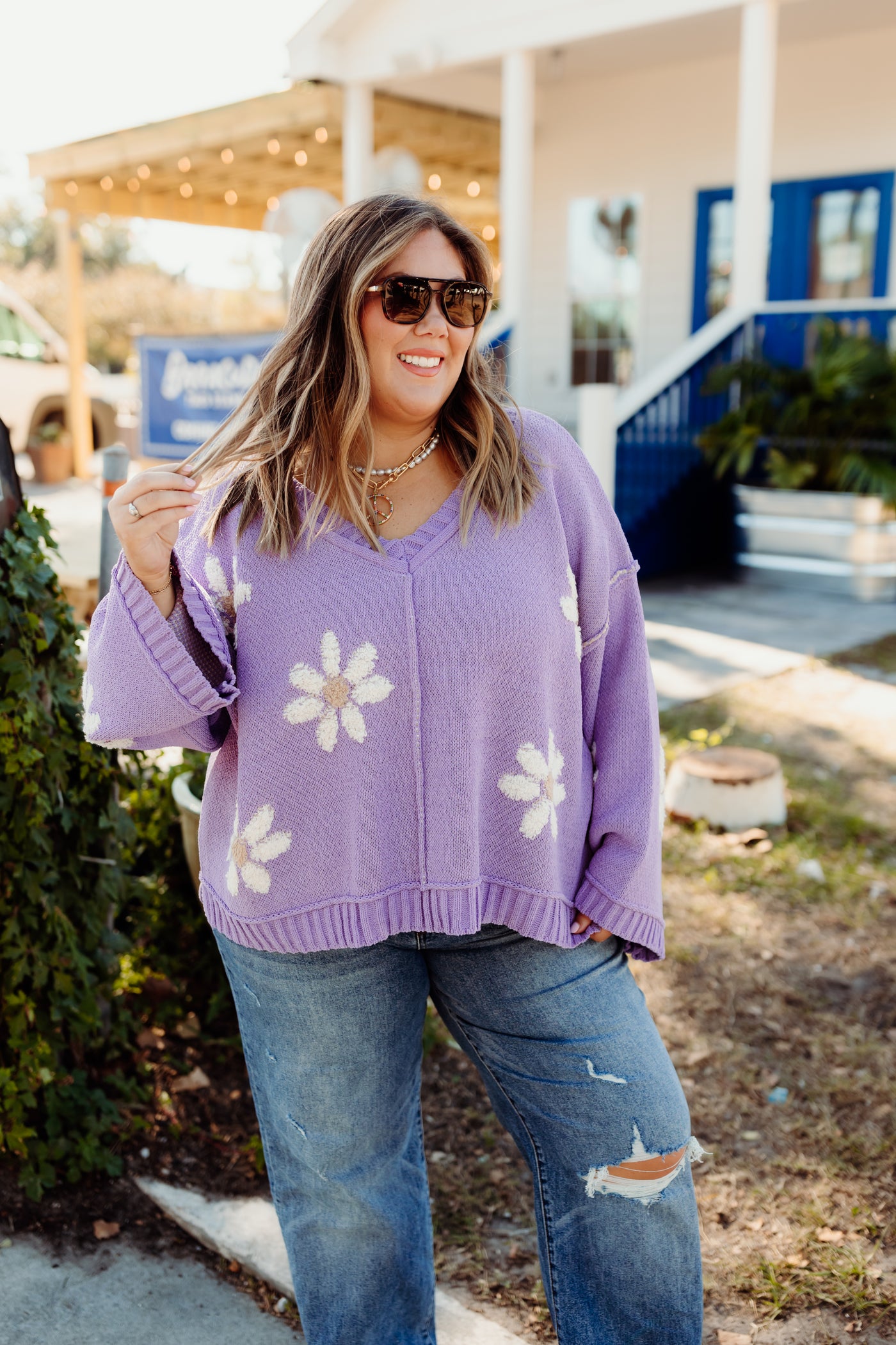 Lavender Floral Knit Oversized Sweater