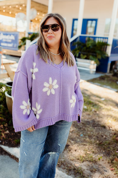 Lavender Floral Knit Oversized Sweater