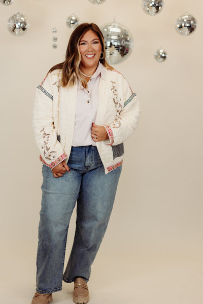 Cream Quilted Embroidered Patchwork Jacket