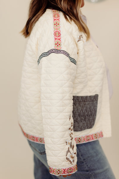 Cream Quilted Embroidered Patchwork Jacket