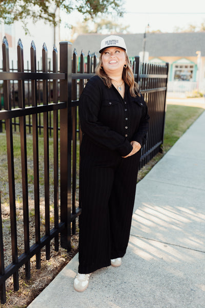 Black Textured Knit Long Sleeve Jumpsuit