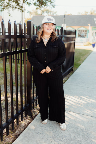 Black Textured Knit Long Sleeve Jumpsuit