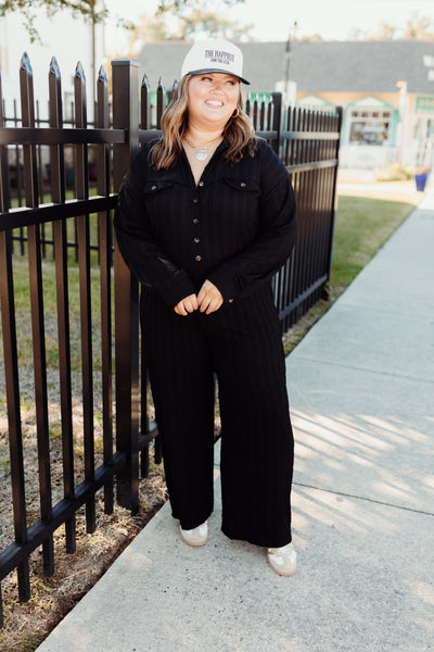 Black Textured Knit Long Sleeve Jumpsuit