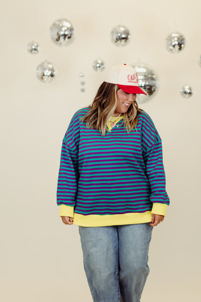 Multicolor Striped Color Contrast Loose Fit Sweatshirt