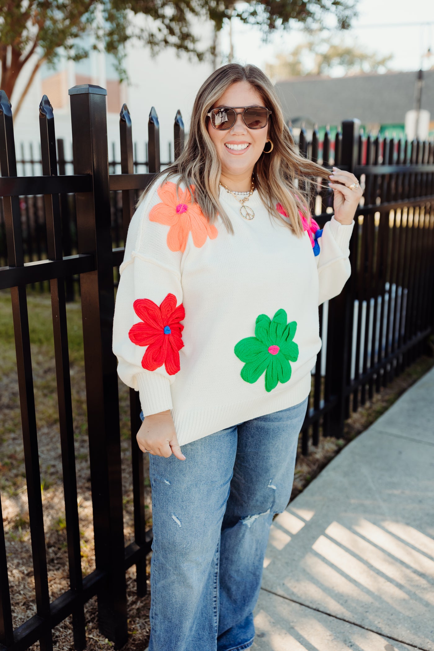 White Multi Floral Knit Oversized Sweater