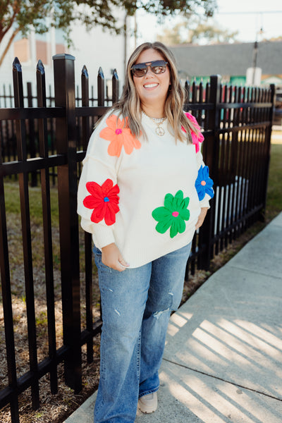 White Multi Floral Knit Oversized Sweater