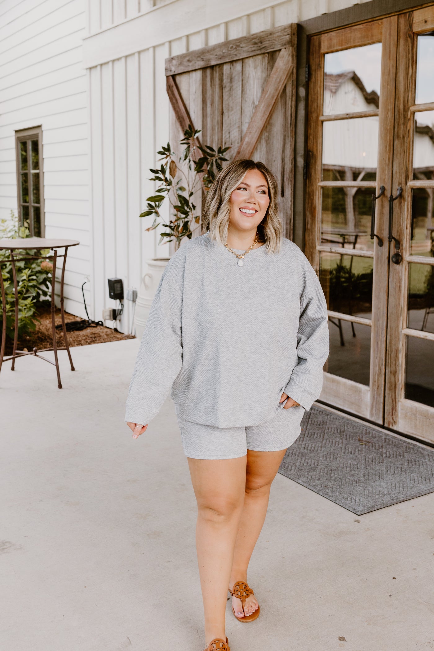 Grey Textured Lounge Pullover and Short Set