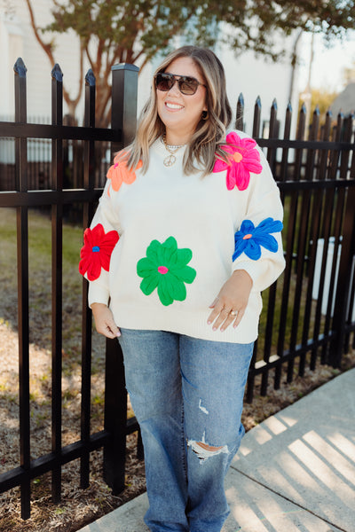 White Multi Floral Knit Oversized Sweater