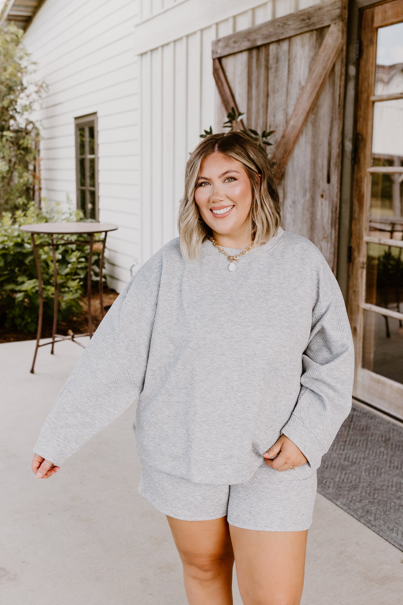 Grey Textured Lounge Pullover and Short Set