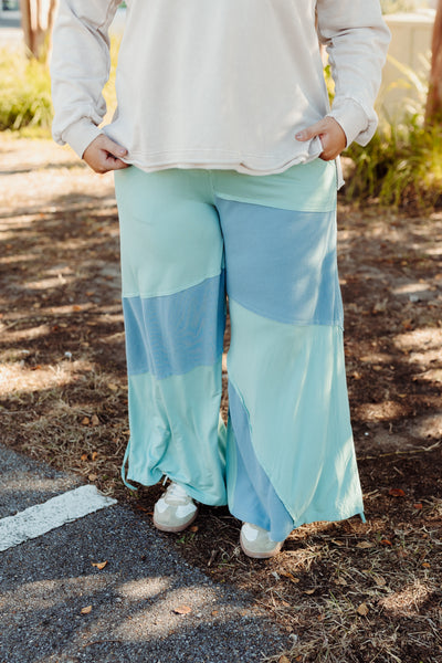 Lake Blue Patchwork Braid Tie Wide Leg Pant