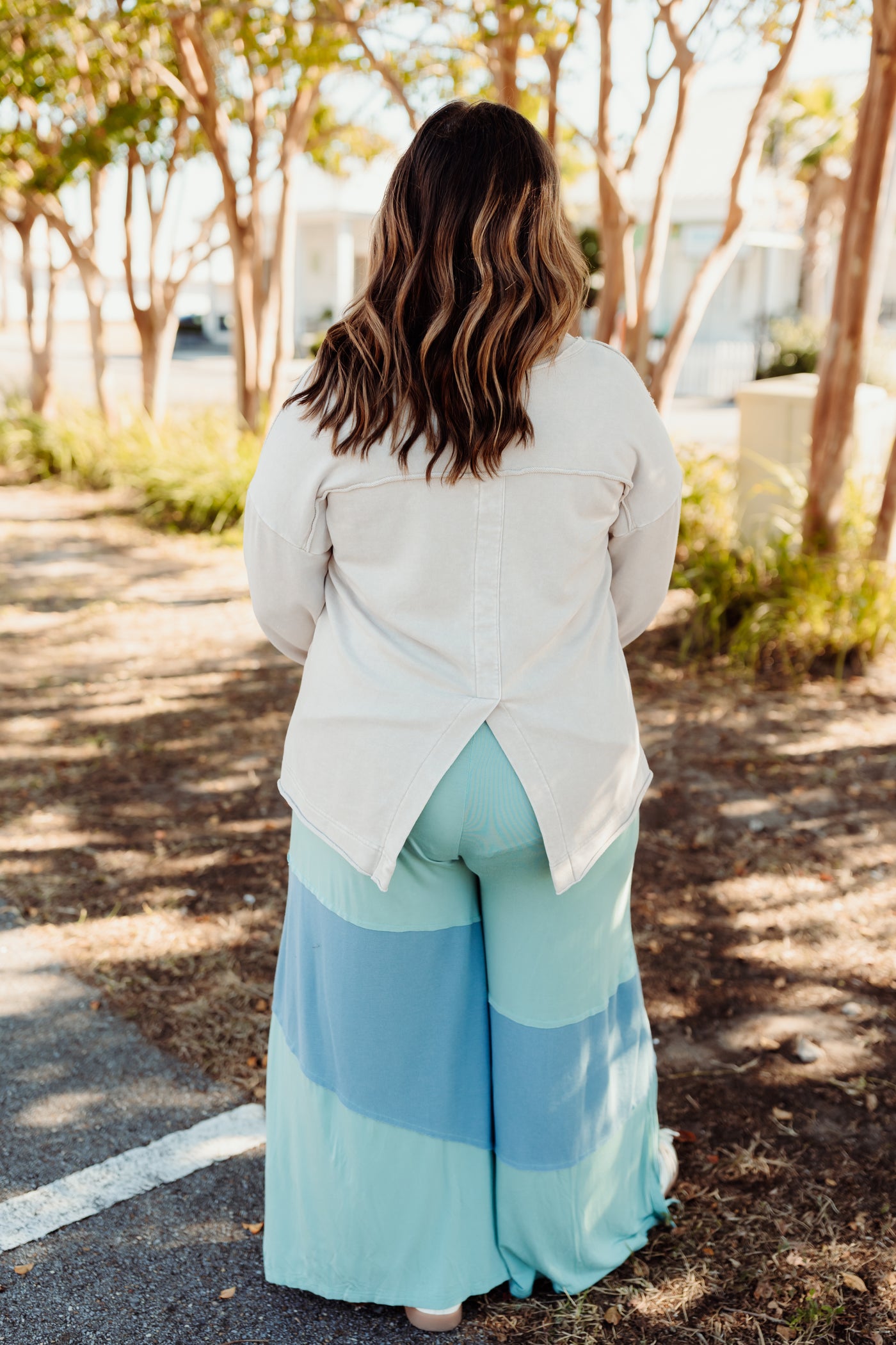 Lake Blue Patchwork Braid Tie Wide Leg Pant