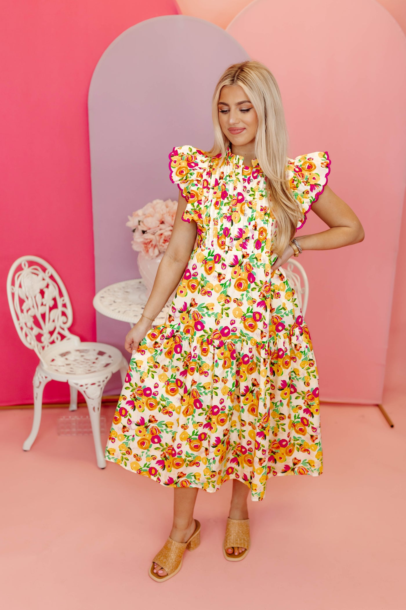 Pink Multi Floral Pleated Flutter Sleeve Midi Dress