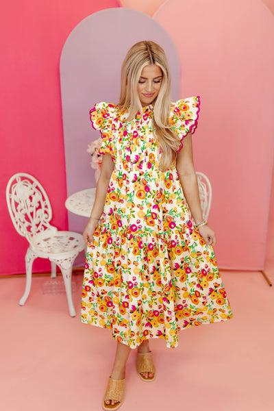 Pink Multi Floral Pleated Flutter Sleeve Midi Dress