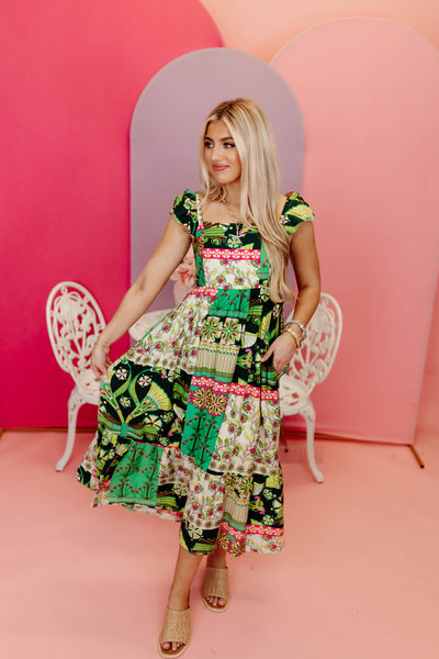 Green Flutter Sleeve Colorblock Multi Print Midi Dress