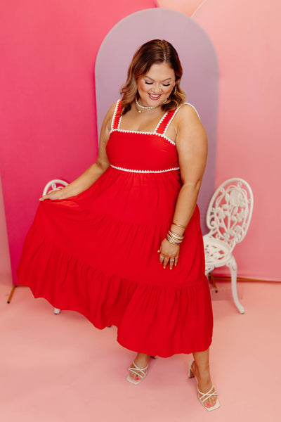 Red Tiered Sleeveless Square Neck Midi Dress