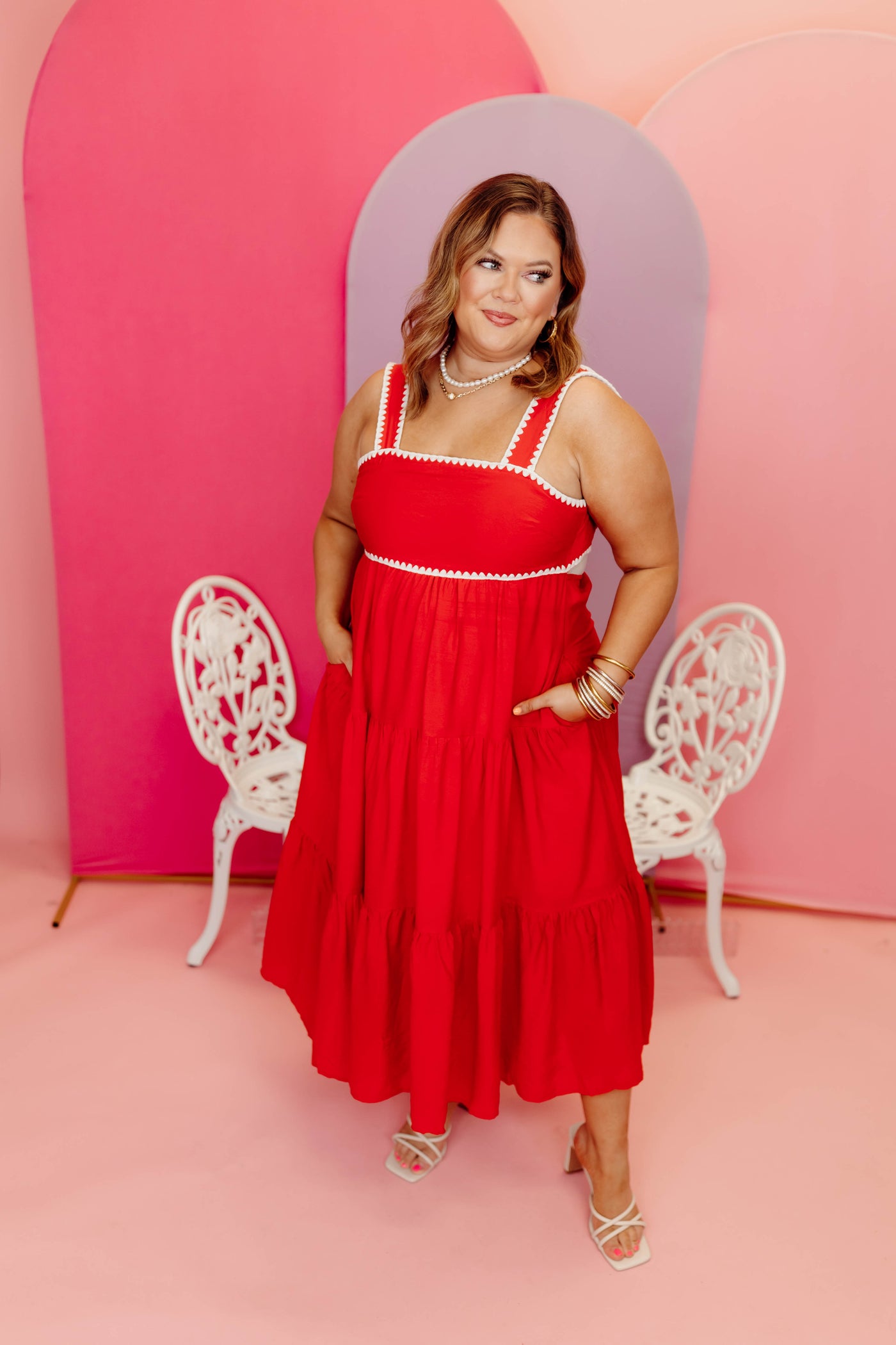 Red Tiered Sleeveless Square Neck Midi Dress