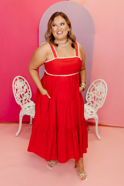 Red Tiered Sleeveless Square Neck Midi Dress